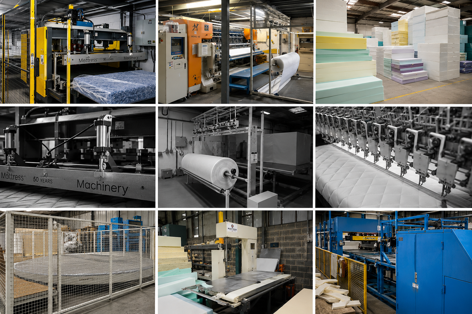 Mattress being handled on the production line at the Swann Sleep Bristol factory
Quilting machine stitching mattress cover fabric at Swann Sleep's factory
Stacked foam blocks in storage ready for mattress manufacturing. Close-up of mattress-making machinery on the Swann Sleep factory floor
Fabric roll loaded onto production equipment at the Bristol factory
Row of tufting machine needles used in mattress manufacturing. Caged storage area for materials at the Swann Sleep factory
Foam-cutting machine used to s
