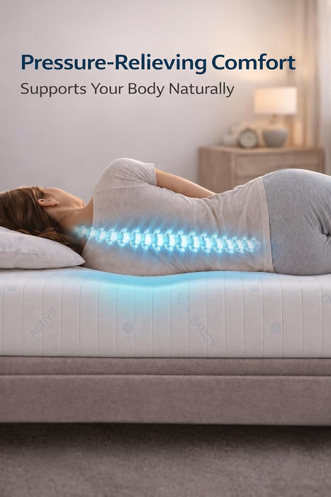 Visco Therapy memory foam mattress supporting a side sleeper's spine with a pressure-relieving comfort graphic