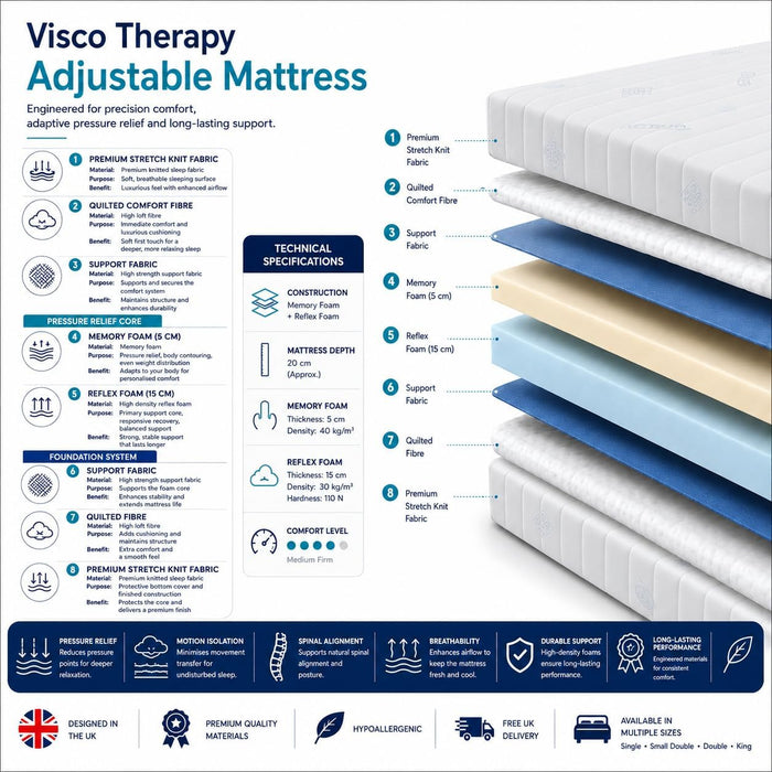 Visco Therapy adjustable mattress layer diagram and specifications: 5cm memory foam, reflex foam core, 20cm depth
