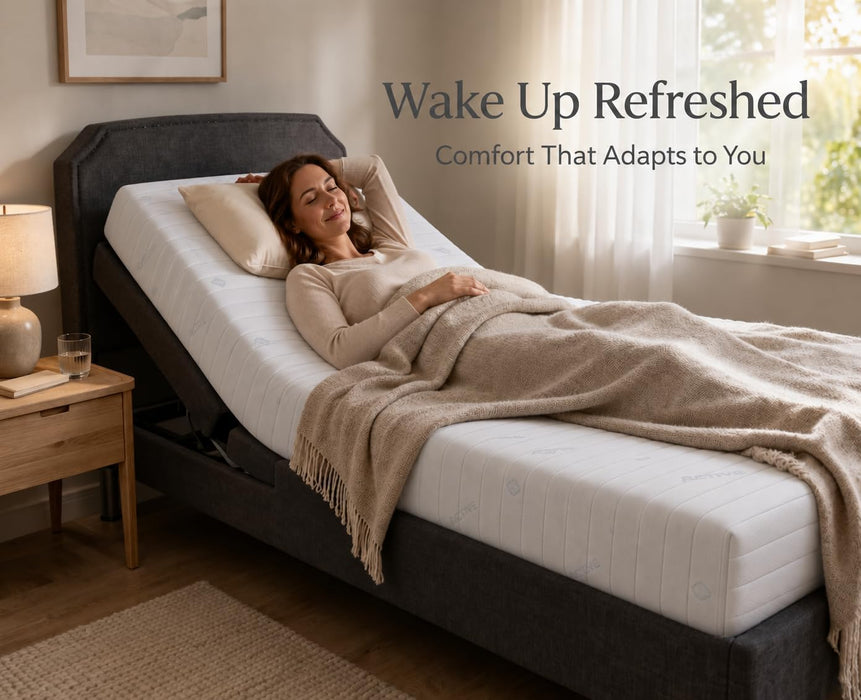 Woman relaxing on a Visco Therapy mattress on an electric adjustable bed with the head section raised