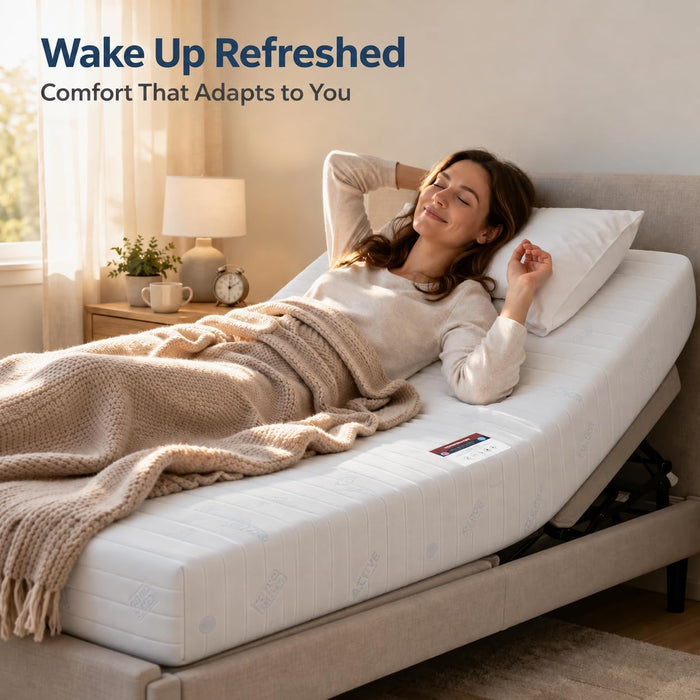 Woman lying back on a Visco Therapy mattress on a raised-head adjustable bed in a bright bedroom