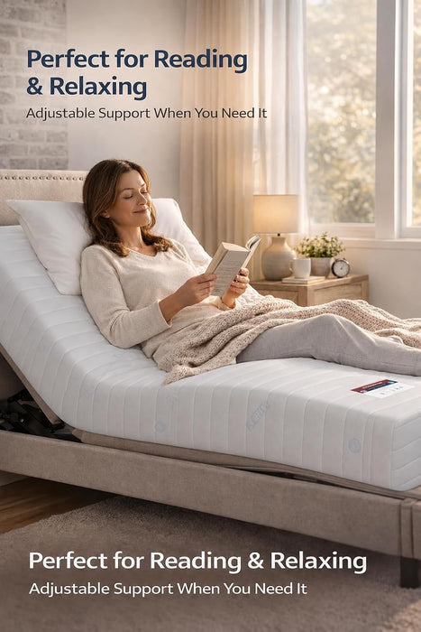 Woman reading in bed on a Visco Therapy mattress with the adjustable bed head raised