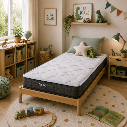 A single bed with a white quilted mattress topper in a styled children's bedroom. The mattress topper has the brand name 'maxi-tex' visible on the side. Maxitex Deluxe Pocket Sprung Mattress – alternative angle showing the memory foam top. Rest Relax