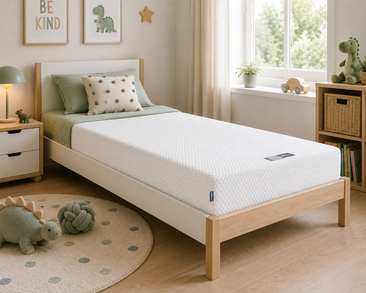 A twin-size mattress on a light wood bed frame in a bright, modern children's bedroom. The room features a light wood bed frame, a white textured mattress cover, sage green bedding, a white nightstand, a round rug with dinosaur toys, and framed dinosaur wall art. Maxitex Magic Memory Foam Mattress – angled studio shot on a lifestyle background Rest Relax