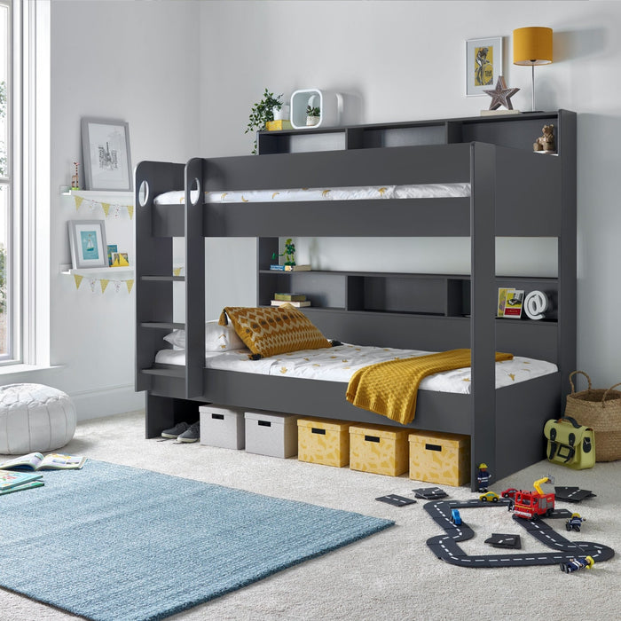 BedmasterOliver Onyx Grey Wooden Storage Bunk Single Bed with Pull Out Drawer - Rest Relax