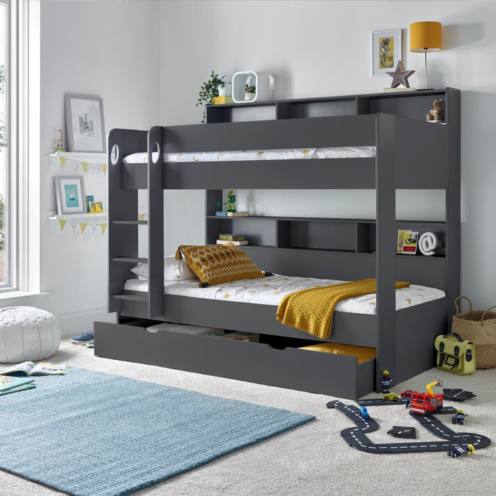 BedmasterOliver Onyx Grey Wooden Storage Bunk Single Bed with Pull Out Drawer - Rest Relax