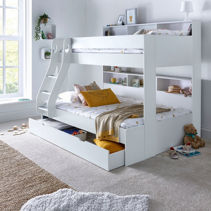 BedmasterOliver White Wooden Storage Triple Bunk with Pull Out Drawer - Rest Relax