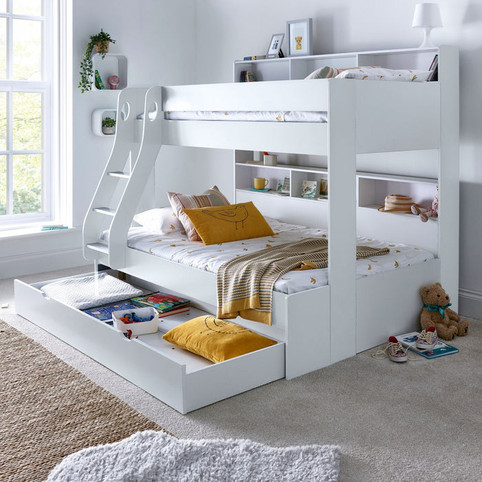 BedmasterOliver White Wooden Storage Triple Bunk with Pull Out Drawer - Rest Relax