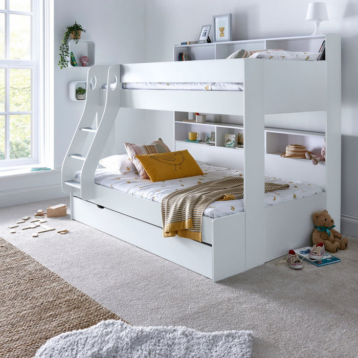 BedmasterOliver White Wooden Storage Triple Bunk with Pull Out Drawer - Rest Relax