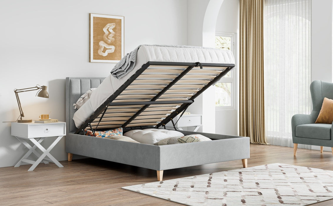 BedmasterRhodes Velvet Ottoman Storage Bed with Gas Lift in Grey - Rest Relax