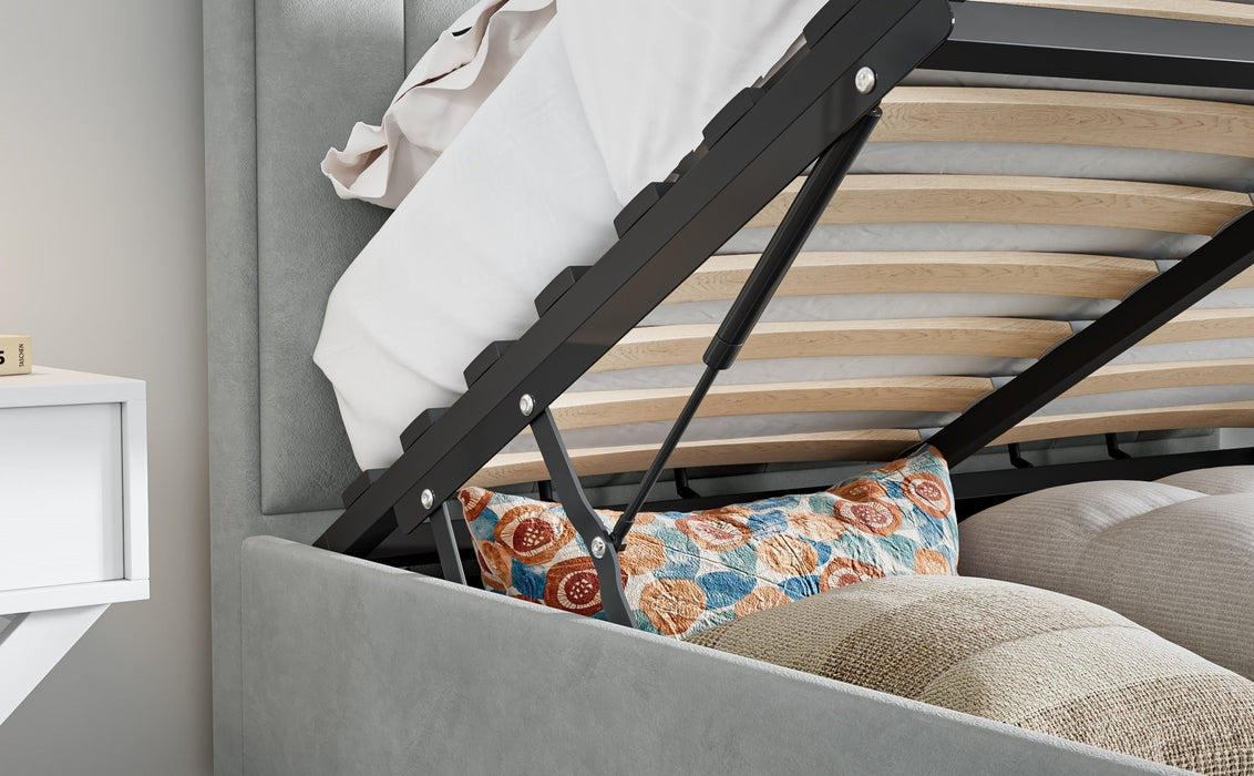 BedmasterRhodes Velvet Ottoman Storage Bed with Gas Lift in Grey - Rest Relax