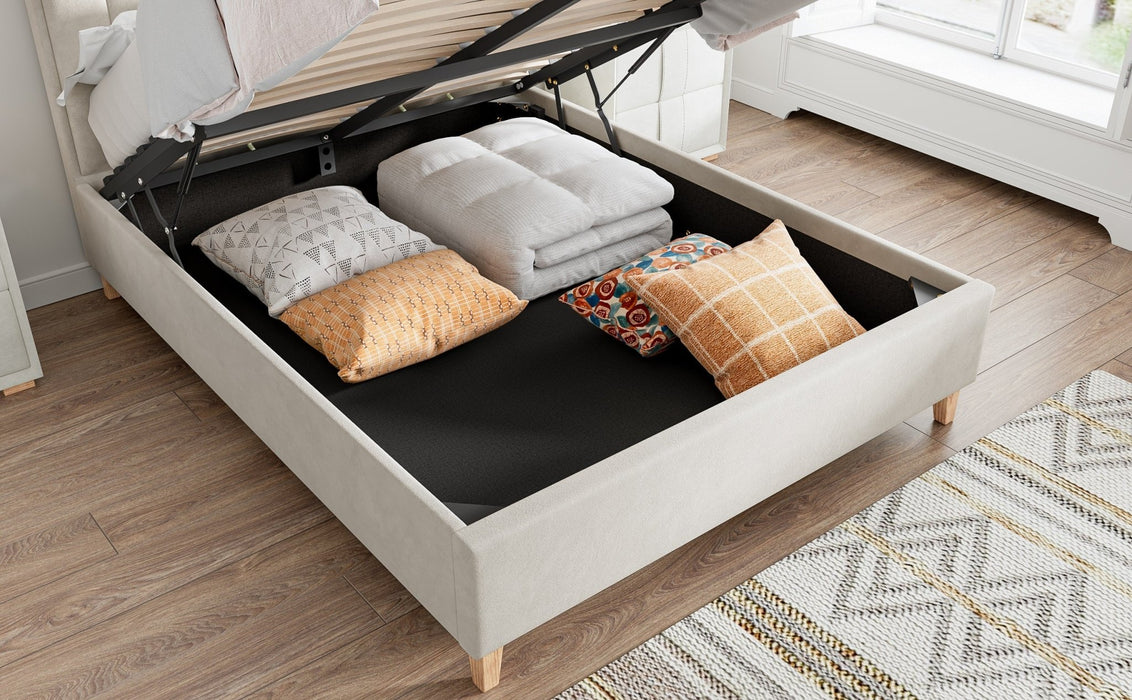 BedmasterRhodes Velvet Ottoman Storage Bed with Gas Lift in Warmstone - Rest Relax