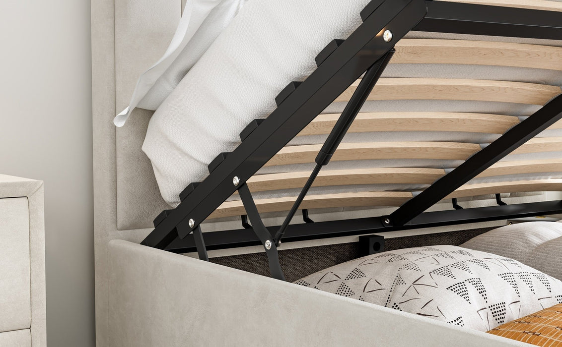 BedmasterRhodes Velvet Ottoman Storage Bed with Gas Lift in Warmstone - Rest Relax