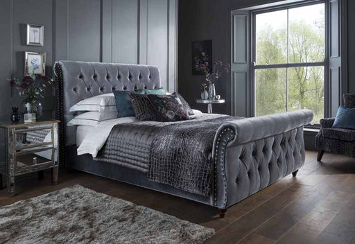 Flintshire FurnitureMontana Titanium Grey Chesterfield Scroll Velvet Bed Frame - Rest Relax