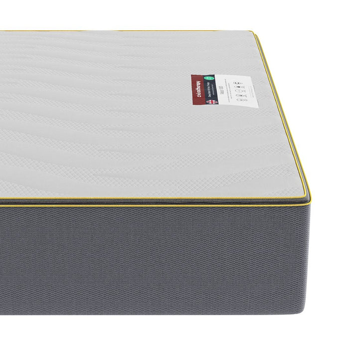 Bliss Memory Foam Mattress – corner close-up of the Lemon Wave cover with grey border and yellow trim, and UK-made label