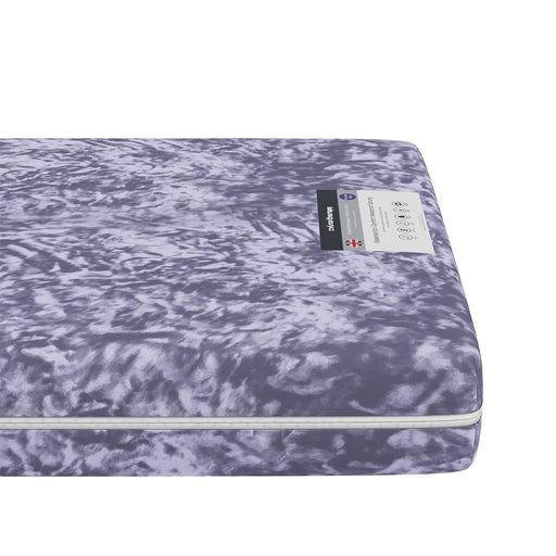 Essential Eco Comfort Waterproof Sprung Mattress – corner close-up of the marble waterproof cover and UK-made label