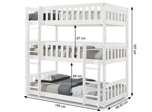 Visco TherapyLydia Triple Bunk Bed With Ladder in WHITE, Wooden High Sleeper Kids Bunk Bed, Solid Rubberwood Bed Frame, Children's Bedroom Furniture, With or Without Mattresses - Rest Relax