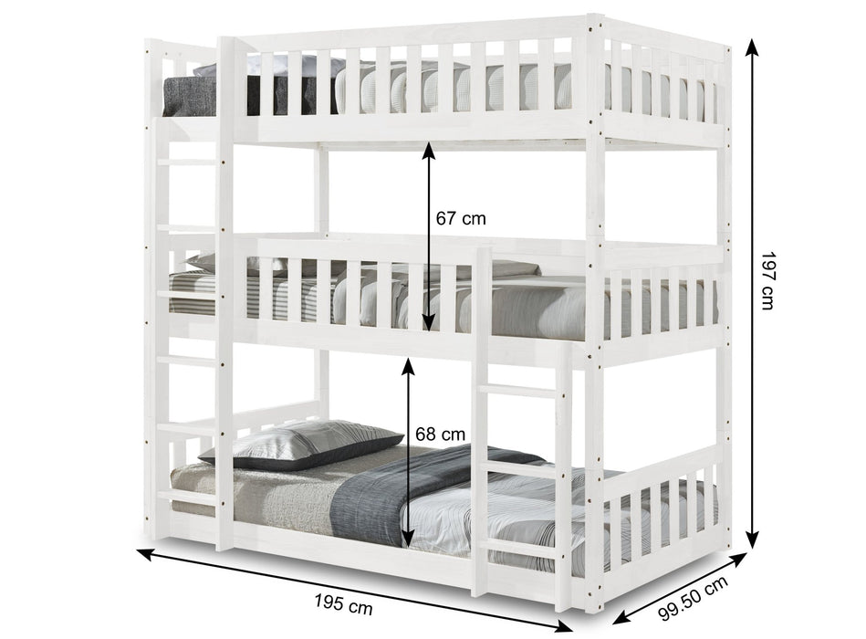 Visco TherapyLydia Triple Bunk Bed With Ladder in WHITE, Wooden High Sleeper Kids Bunk Bed, Solid Rubberwood Bed Frame, Children's Bedroom Furniture, With or Without Mattresses - Rest Relax