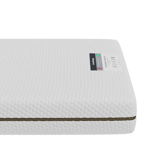 Thrive Kids Memory Support Foam Mattress – corner close-up of the Top Bubble cover and UK-made label